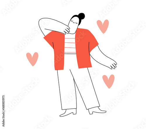 Happy doodle woman in love. Quirky abstract character isolated. Cute vector illustration in hand drawn line art style.