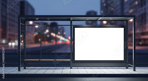 Empty Bus Stop at Night with Blank Billboard.