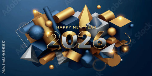 Happy new year 2026 text surrounded by abstract geometric shapes in gold, blue, and silver, futuristic celebration concept
