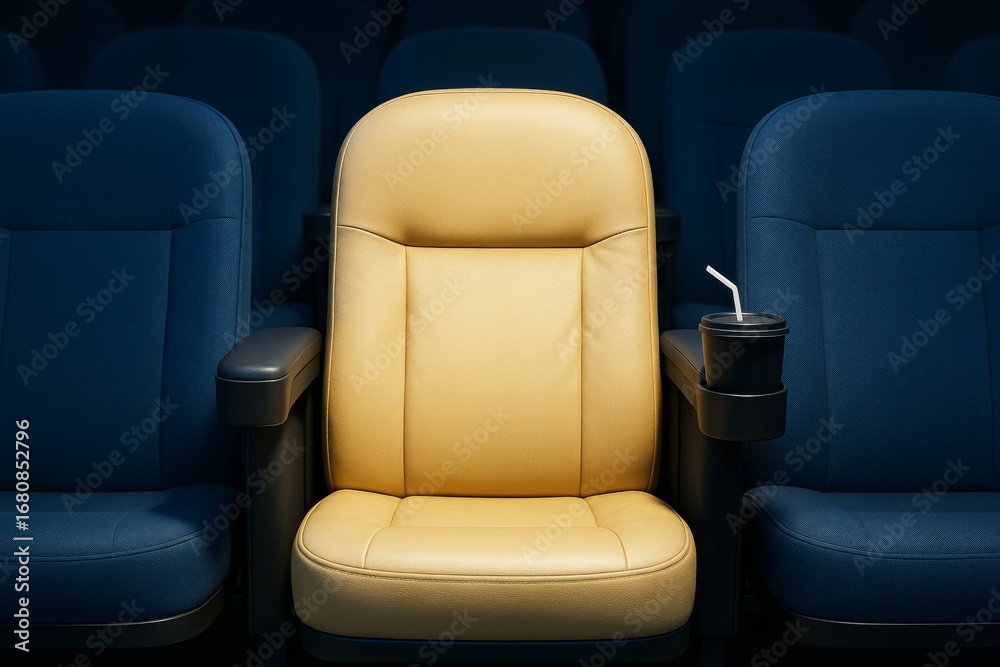 Fototapeta premium Single yellow cinema seat among blue seats with drink cup in dark theater background, concept of uniqueness and leisure hobby.