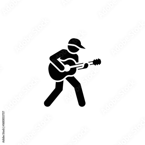 A stylized figure plays an acoustic guitar while walking.
