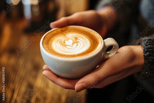 barista hand serving cup of coffee on wooden table, branded cup in focus 

