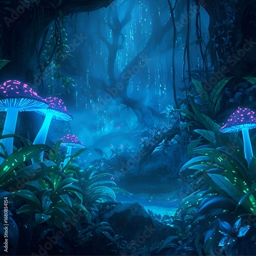 “Bioluminescent jungle glowing at night, futuristic plants with neon blue veins, surreal mist, fantasy nature landscape”