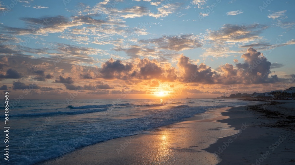 Fototapeta premium Tranquil beach landscape with golden sunrise reflecting on the ocean water