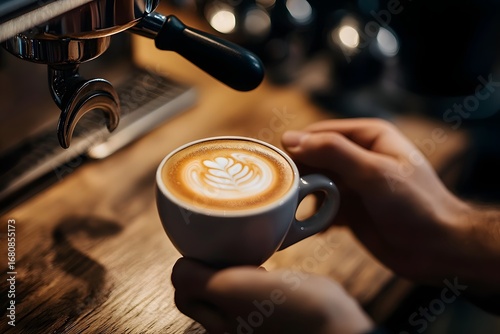 barista hand serving cup of coffee on wooden table, branded cup in focus 
