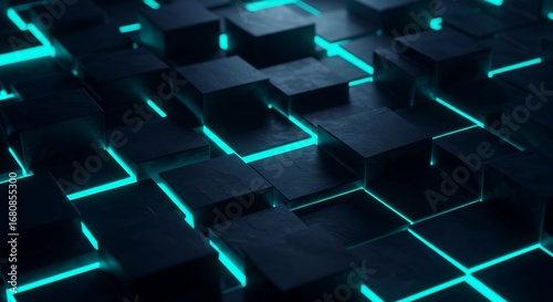 Dark blue cubes with neon turquoise light outlines