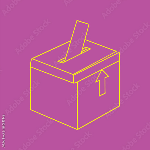A stylized illustration of a ballot box with a hand placing a vote, set against a vibrant purple background
