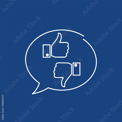 Two hand symbols representing approval and disapproval in a speech bubble on a blue background, ideal for communication themes