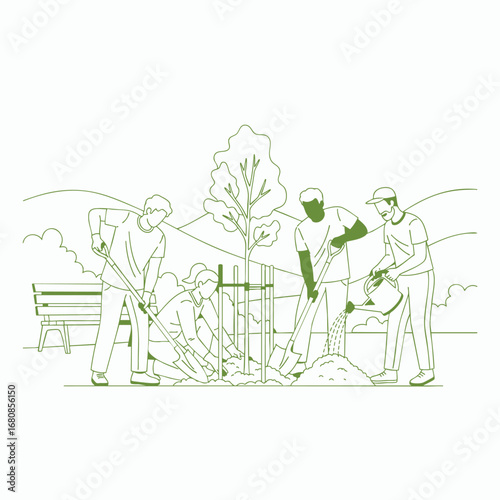 Community volunteers planting a tree in a park, surrounded by hills and a bench, promoting environmental awareness