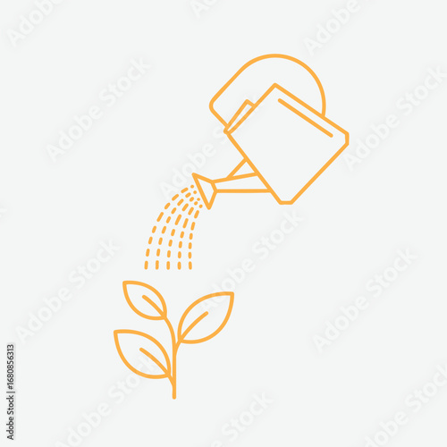 A person watering a small plant with a watering can, showcasing nurturing care for nature in a minimalistic setting