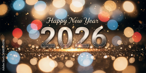 Happy new year 2026 text with sparkling bokeh lights and glitter effect, festive and magical holiday background