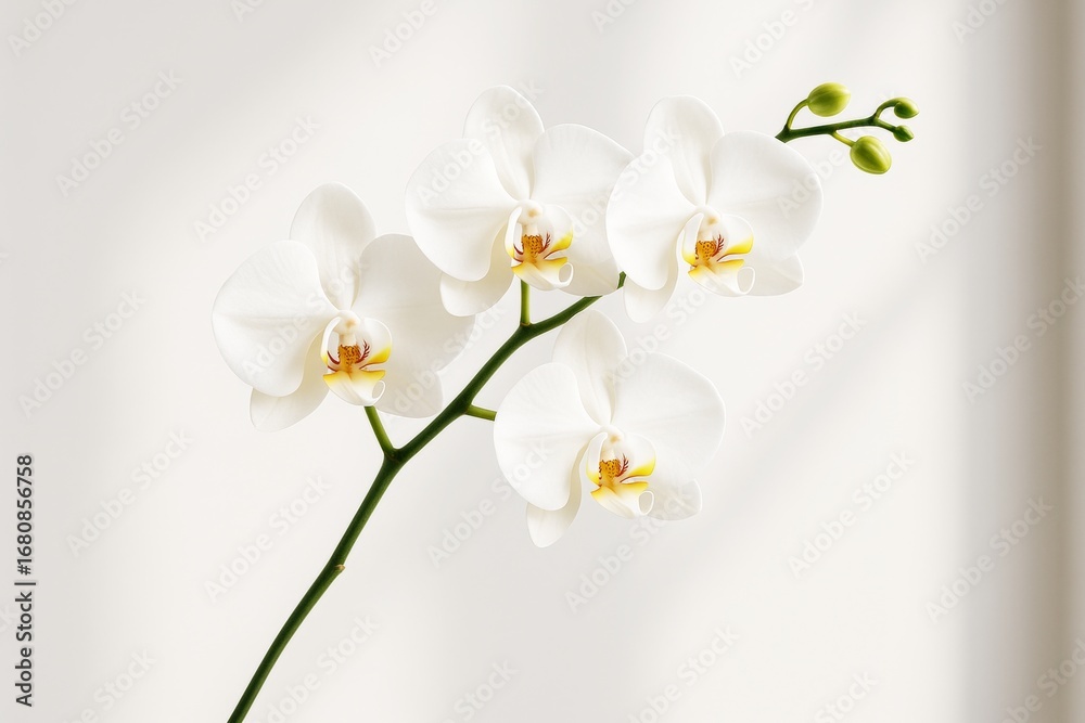 Obraz premium Elegant white orchid flowers with yellow centers on a green stem against a soft light background, symbolizing purity and beauty. Ai generative