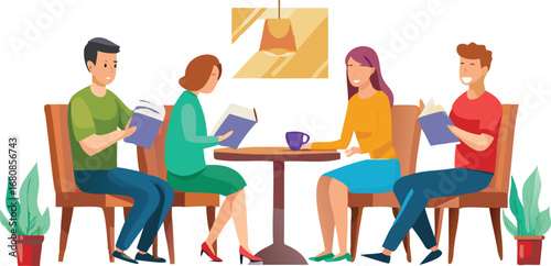 People sitting at a table, engaged in reading various books, creating a quiet and focused atmosphere