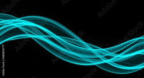 Turquoise glowing ribbons with a dark background sprinkled with small glowing dots