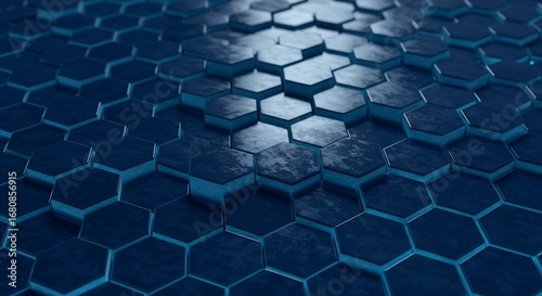 A close-up shot of a blue hexagonal tiled surface The tiles are arranged in a raised pattern