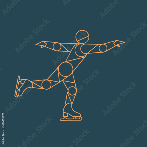 Abstract illustration of a figure skater performing a graceful move on ice, set against a dark blue background