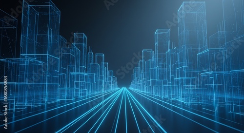 A futuristic cityscape rendered in blue neon lines Buildings and road lines converge towards a vanishing point