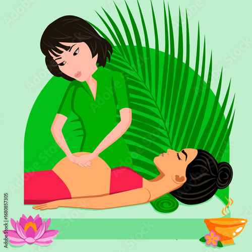 Massage for pregnant. Therapy and treatment by professional therapist in SPA. Isolated flat vector illustration. Asian and Eastern ethnicity.