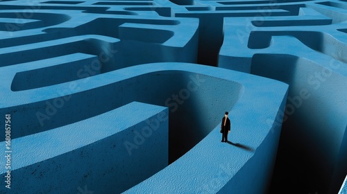 Un homme en costume perdu dans un immense labyrinthe bleu géometrique