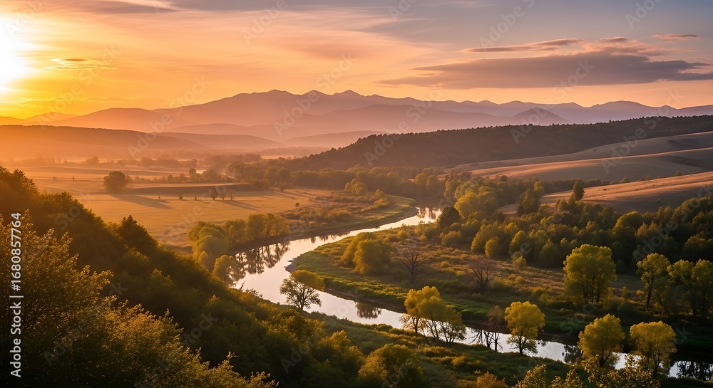 Naklejka premium Sunrise Over a Winding River Valley.