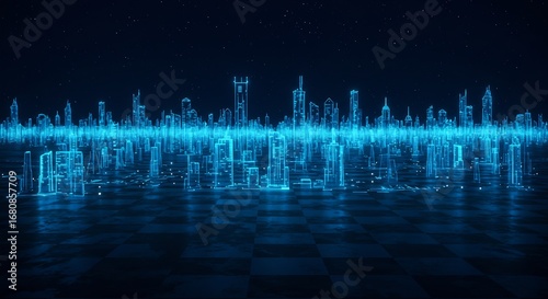 A neon blue city skyline with illuminated outlines set against a starry night sky and a checkered floor
