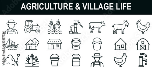 Agriculture and Village Life Icon Set for Rural Culture, Farming UI, and Educational Design