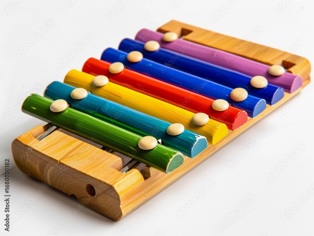 Obraz premium Colorful wooden xylophone resting on a white surface showcasing its vibrant tones