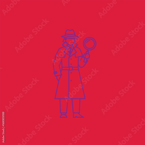 Detective character in a trench coat holding a magnifying glass, set against a vibrant red background, ideal for mystery themes