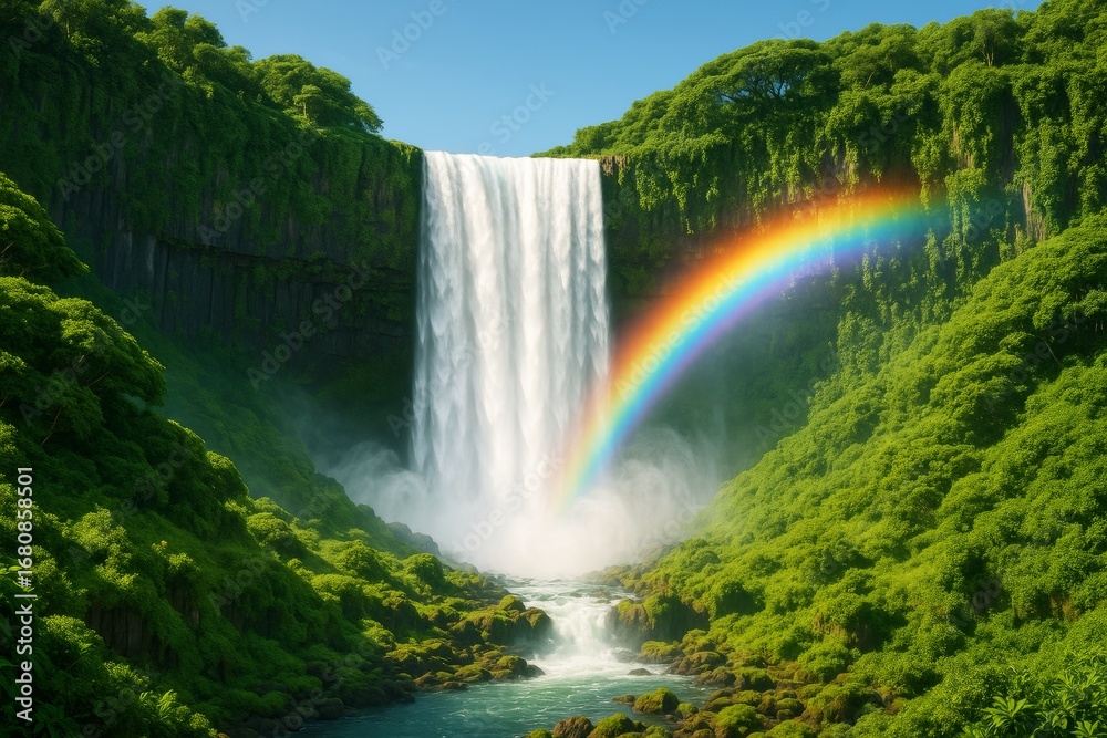 Fototapeta premium Majestic waterfall cascading through lush green jungle with vibrant rainbow under bright sunlight, ideal for nature-themed background concepts. Ai generative