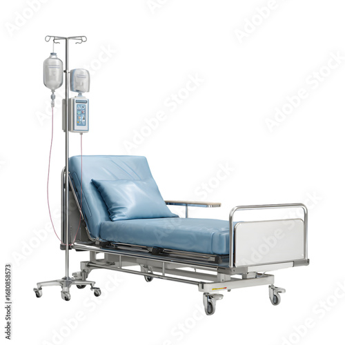 Hyperrealistic 3D rendering of an IV drip stand with transparent background next to an empty adjustable hospital bed with a blue pillow, on wheels, with an attached control panel.