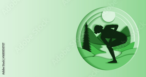 Horizontal template. Parivritta Utkatasana yoga pose. Revolved Chair pose. Paper cut design. Isolated vector illustration.