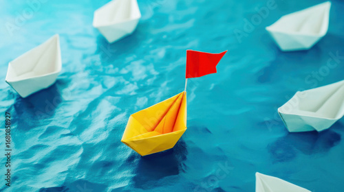 Colorful paper boats sail on blue water, showcasing creativity and craftsmanship in a playful arrangement Generative AI