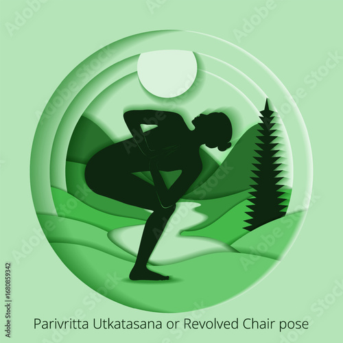 Parivritta Utkatasana yoga pose. Banner