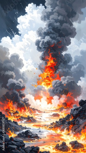 A vibrant, fiery landscape depicts a volcanic eruption with a river of molten lava flowing through a rugged terrain.