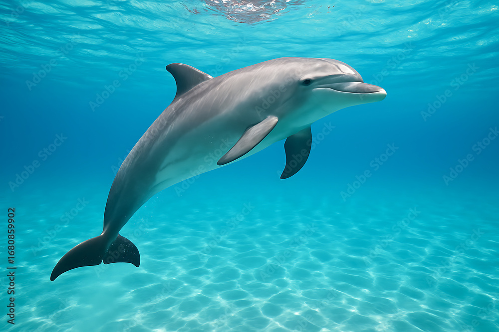 Fototapeta premium Dolphin swims gracefully underwater, showcasing its sleek body and playful nature vibrant blue