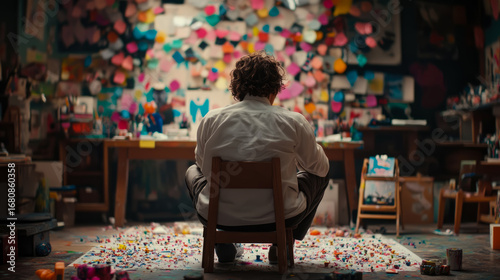 Lone artist sits in vibrant, inspiration-filled art studio, contemplating wall adorned with countless colorful notes and creative chaos