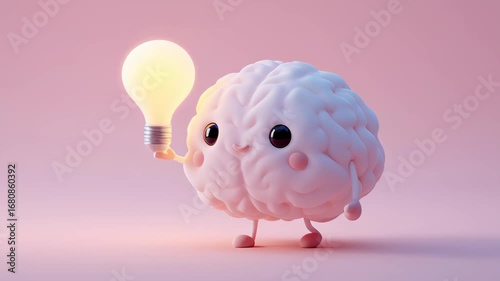 Upskilling and Reskilling in Learning and Development concept, Cute brain character holding glowing light bulb on pink background