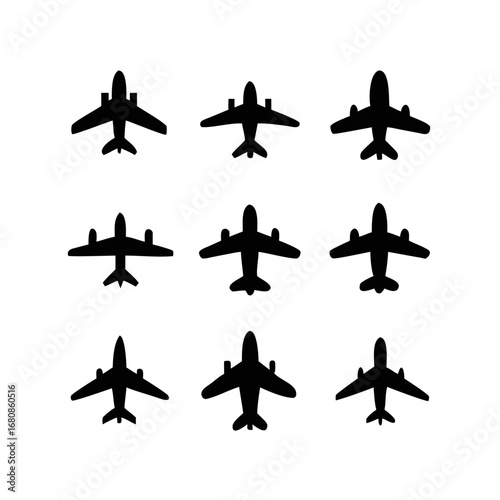 Vector art of an array of airplane silhouettes, showcasing different aircraft models and aviation concepts in a clean and simple design
