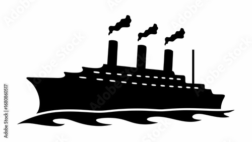 Silhouette of a large steamship with three smokestacks sailing on wavy water against a white background