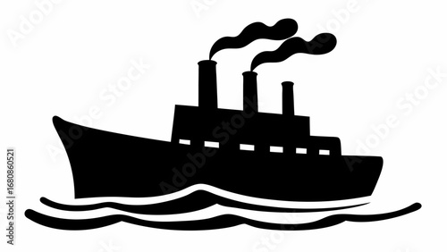 Silhouette of a steamboat with three smokestacks emitting smoke sailing on water with wave details shown