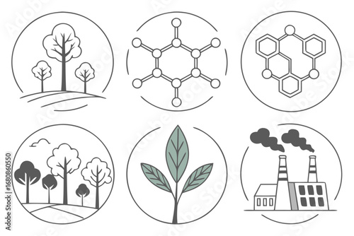 Illustration of carbon capture industry with tree, molecule, plant, and factory icons