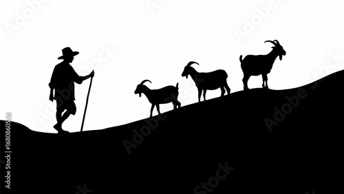 Silhouette of a shepherd leading three goats uphill against a white background in a rural scene view