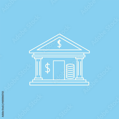 Minimalist illustration of a bank building with dollar signs and coins, symbolizing finance and savings in a blue background