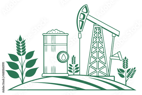 Illustration of biofuel production with oil pump and agricultural elements, representing renewable energy and sustainable farming practices