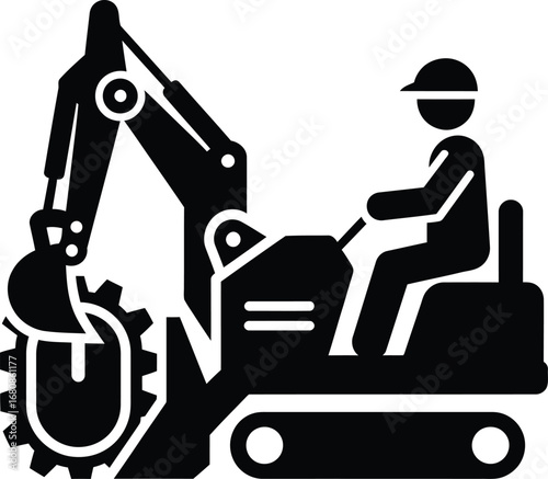 Excavator Operator Icon with Bucket and Gear on White Background construction heavy equipment
