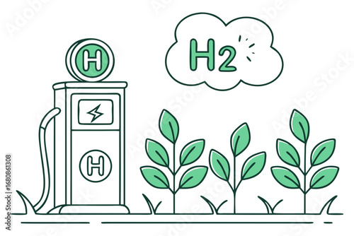 Illustration of a hydrogen fuel station with plants, symbolizing clean and renewable energy sources for a sustainable future