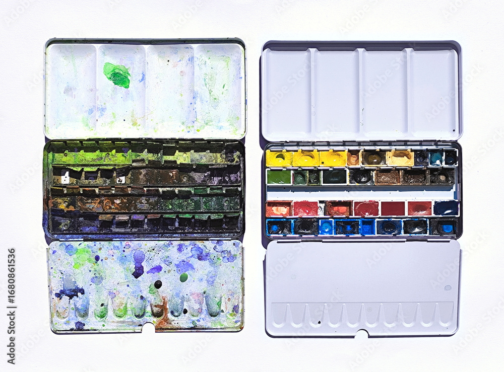 Old and new watercolor paintboxes side by side for art comparison