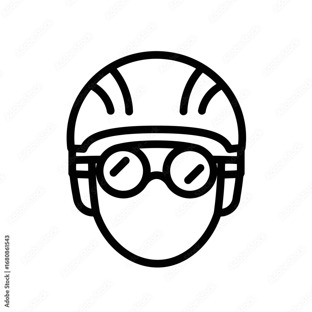 Stylized white icon of a person wearing a helmet and goggles against a black background Stylized white icon of a person wearing a helmet and goggles against a black background