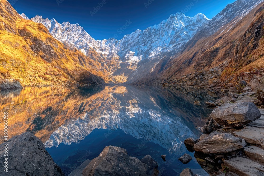 Fototapeta premium Serene alpine lake reflecting snow-capped peaks