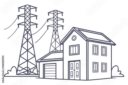 Illustration of a house with power lines and towers, depicting electricity supply and energy infrastructure